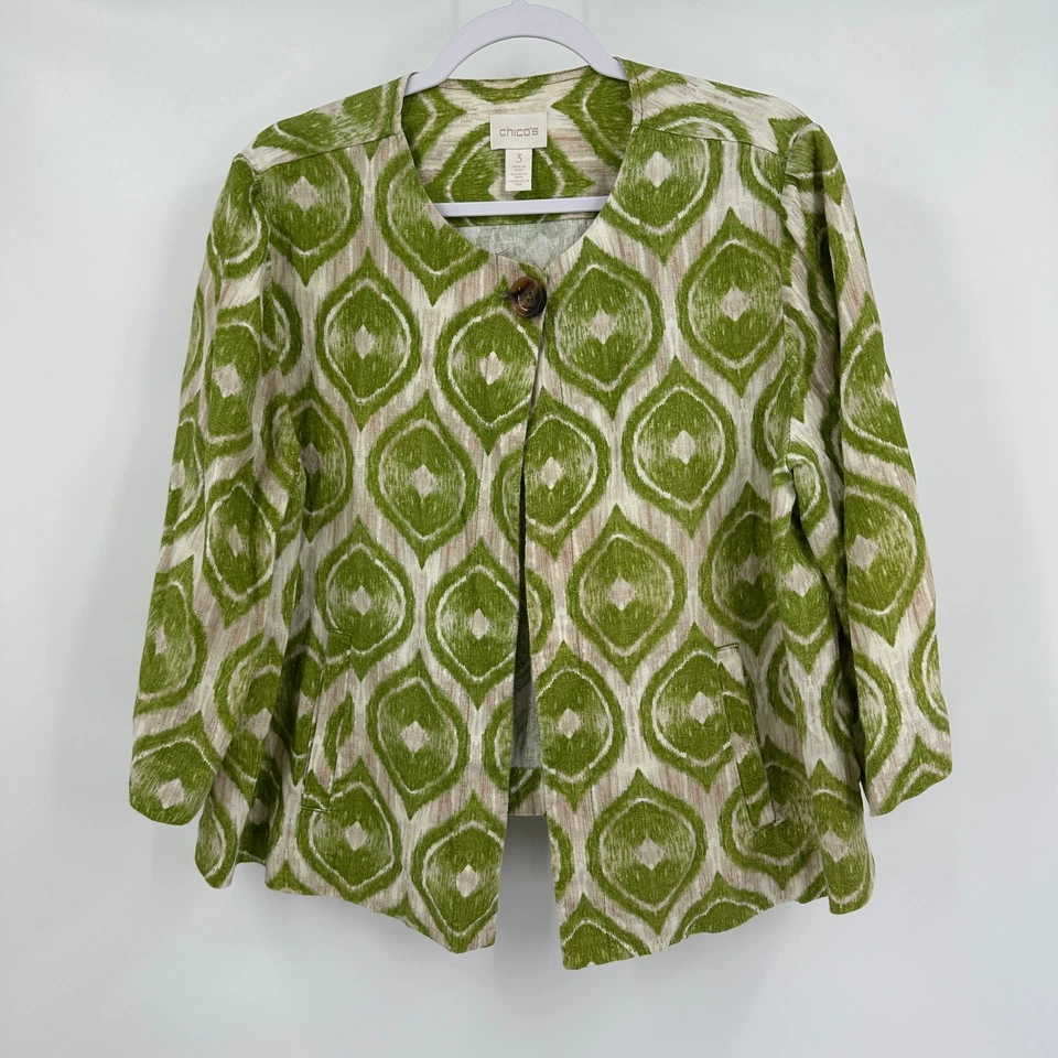 Chaqueta de lino para mujer Chicos talla 3 US XL Ikat Boho Art to Wear chaqueta swing costera Foto 1 de 4