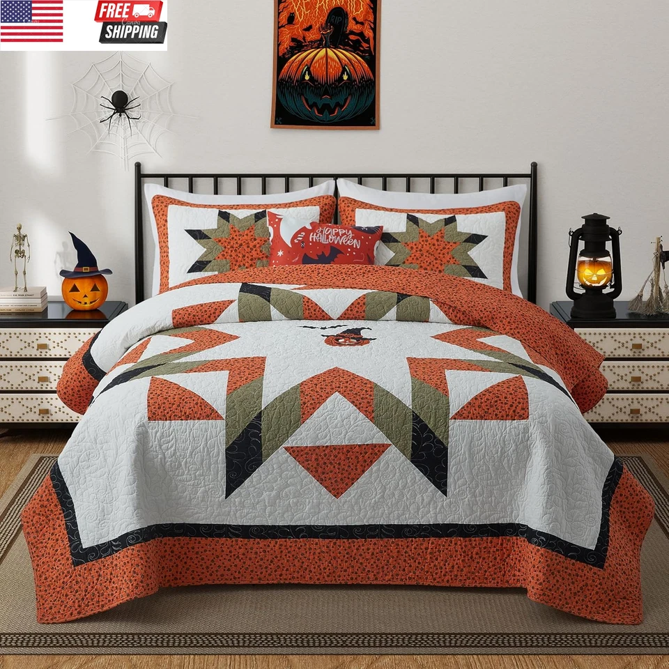 Halloween Quilt King Size Bedding Set 100% Cotton Embroidery Bats Pumpkin Festiv - Image 1 of 4