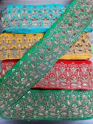 INDIAN TRIMMING Edging FLOWER Gold Metallic Glitter Embroidery Ribbon Trim 7cm - Image 1 of 4