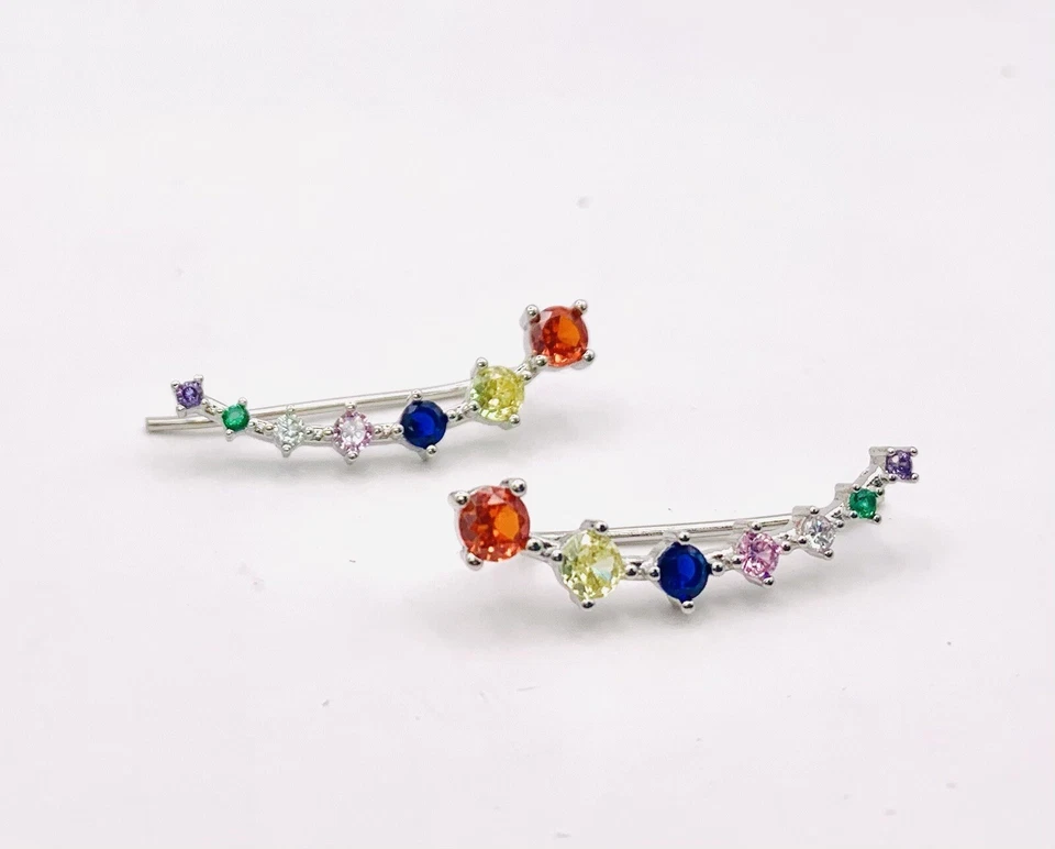 Long Colorful Zircon Crawler Earrings, 925 Sterling - Image 1 of 1