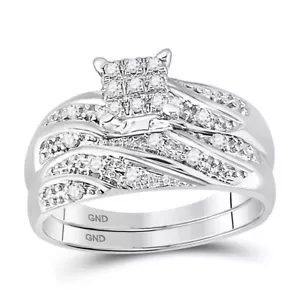 14kt White Gold His & Hers Round Diamond Cluster Matching Bridal Wedding Ri - Picture 1 of 4