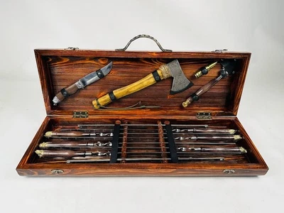 BBQ Grill Set Wooden Case 6 Skewers Oak Handles Brass Heads Knife Fork Axe 7911 - Image 1 of 4