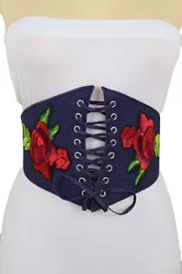 Women Dark Blue Denim High Waist Navy Corset Stretch Belt Red Flowers Size S M - Picture 1 of 12