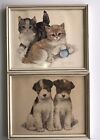 Vintage GRACE LOPEZ 1950’s 2 Framed Prints Kittens & Airedale Puppies USA Made