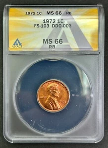 MS66 FS-103 1972 Lincoln Cent ANACS RB Cherry Picker's Guide Doubled Die DDO #3 - Picture 1 of 10