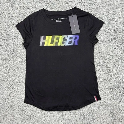Camisa Tommy Hilfiger Niñas Pequeña 7 Manga Corta Camiseta Negro Profundo Logo Arco Iris Foto 1 de 4