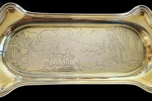 English Silver Gilt Pin Trinket Tray ENGRAVED SCENE Goldsmiths & Silversmiths - Picture 1 of 5