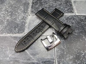 22mm Leather Strap Black Watch Band with OEM MONTBLANC Buckle Set White Stitch B - Picture 1 of 7