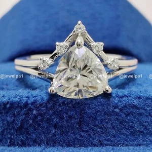Moissanite Fancy Engagement Ring 2 CT Trillion Cut Solid 14K White Gold For Her - Picture 1 of 10