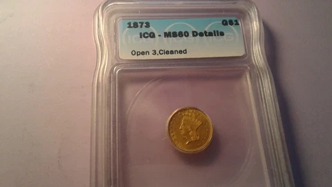 1873 Indian Princess One Dollar Gold Coin (Open 3) - ICG MS 60 Cover