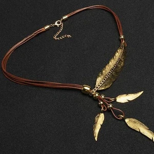 Trendy Multi Layer Tassel Necklace Featuring Feather Leaf and Diamonds - Picture 1 of 15