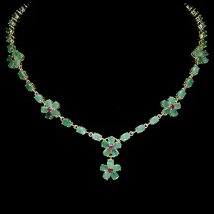 925 Sterling Silver Necklace Oval Emerald 6x4mm Ruby Gemstone Jewelry 19inches - Picture 1 of 13