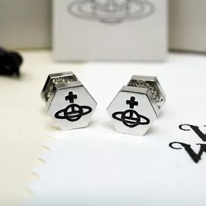 Vivienne Westwood Silver Tone Orb Stud Earrings Bolt with Black Engraving Gift - Picture 1 of 6