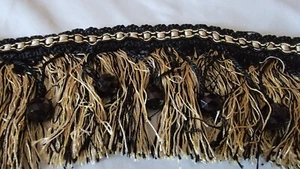 BLACK GOLD BEIGE LONG LUSH BRUSH TRIM WITH  BLACK BEADS - Picture 1 of 3