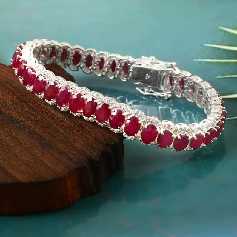 18k Gold Plate 925 Sterling Silver Natural Ruby Oval Cut Tennis Bracelet for Her - Image 1 of 4