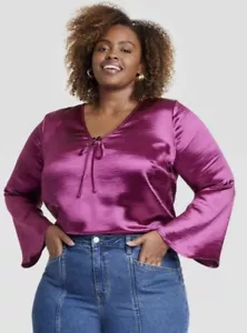 Blusa de satén Ava & Viv cuello en V corbata frontal acampanada manga larga púrpura para mujer 3X - Imagen 1 de 6