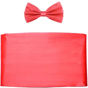 NEW in box men's formal 100% SILK Cummerbund, bowtie set solid CORAL wedding  - Picture 1 of 3