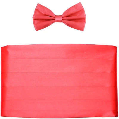 NEW in box men's formal 100% SILK Cummerbund, bowtie set solid CORAL wedding  - Image 1 of 3