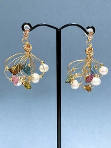 Multi Colored Tourmaline Wire Wrap Earrings, Gold Plated White Pearl Earrings - Picture 1 of 2