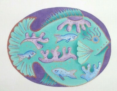 Julias Needleworks HP needlepoint canvas handpainted HB-5 FISH purple turquoise - Image 1 of 4