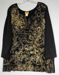 Top túnica Ruby Rd negro con estampado dorado manga 3/4 talla 3X - Imagen 1 de 4