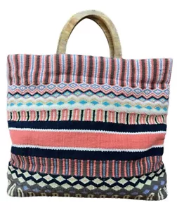 J Jill Multicolored Woven Cotton Tote Bag with Wood Handles - Picture 1 of 10
