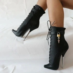Black Matt Ankle Boots Women Ballet High Heels Lockable Pointed Toes Short Booti - Picture 1 of 7