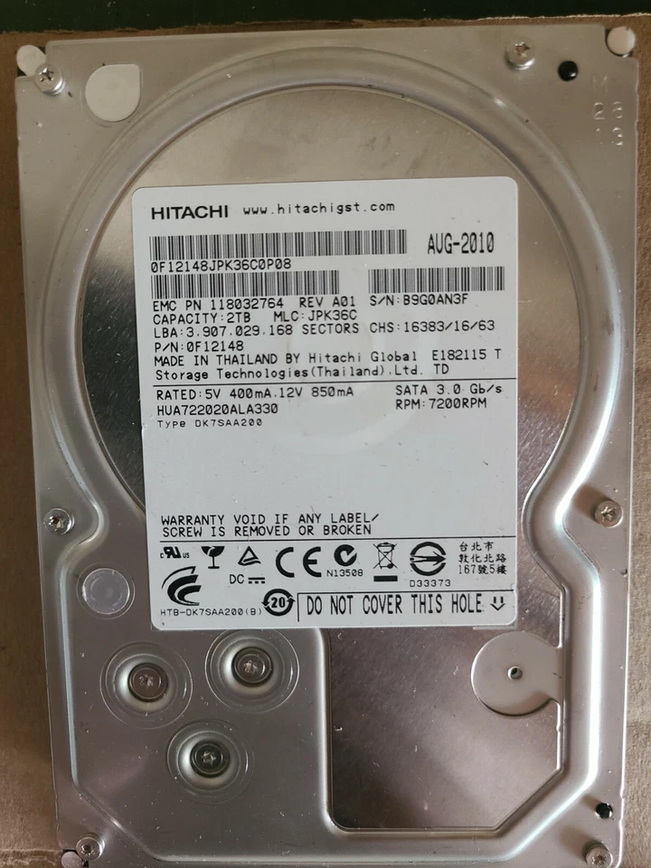 HUA722020ALA330, PN 0F12148, MLC JPK36C, Hitachi 2TB SATA 3.5  EMC P/N 118032764 - Image 1 of 1