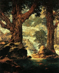 "Waterfall, Stream, Trees Green colors  by  Maxfield Parrish - Picture 1 of 1