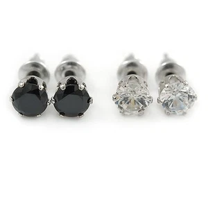 5mm Set of 2 Clear and Black Cz Round Cut Stud Earrings In Rhodium Plating - Picture 1 of 6