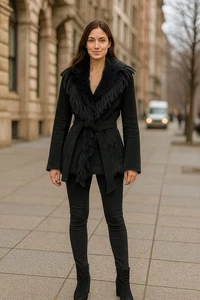 Vintage Raffaelo 70s Black Suede Fur Trim Jacket XS Boho Penny Lane Afghan Belt - Bild 1 von 14