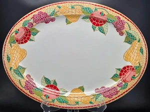 Pier 1 Mosaic Fruit Oval Platter 17in Stoneware Apples Pears Grapes Serving - Picture 1 of 13