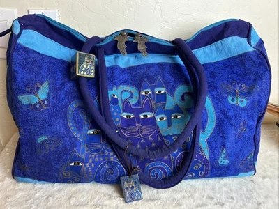 Laurel Burch 旅行包 21"X9"X14"-靛蓝猫大号帆布托特包 — 第 1/4 张图片