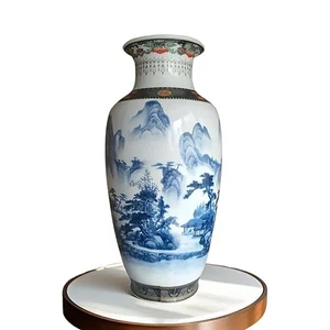 Blue and White High-Quality Kaolin Handcrafted Vase H= 13.4 inch The Fisherman - Picture 1 of 6