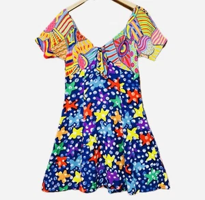 Jams World Tie Front Mini Dress Fit Flare Colorful Mixed Print Stars Size 9 / XS - Picture 1 of 10