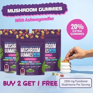 BUY 2 GET 1 Natural Mushroom with Ashwagandha-Nutritional Supplement- 80 Gummies - Picture 1 of 14