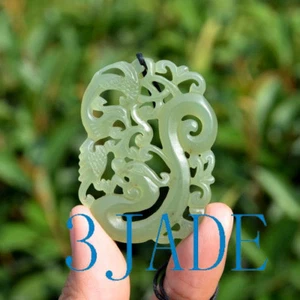 Natural Nephrite Jade Chinese Dragon Phoenix Floral Pendant Necklace