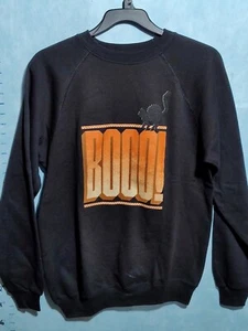 Vintage 1980s Hanes Crewneck Halloween “BOOO!” Cat Black Pullover Mens Lrg USA  - Picture 1 of 10