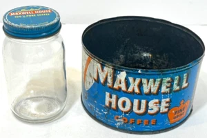 Vintage Maxwell House Coffee Keywind Tin Can & Glass Jar With Lid - Picture 1 of 3