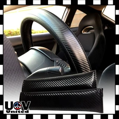 Blk Carbon Fiber Leather Slip-On Steering Wheel Seat Belt Pad Cover Protector 23 - Image 1 of 4