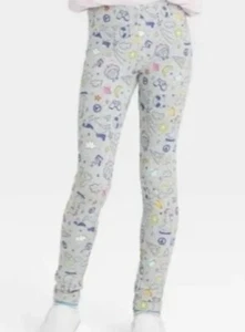 Cat & Jack Pants Toddler Girls XS 4/5 Leggings Gray Doodle Pizza Rainbow - Picture 1 of 3