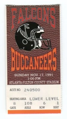 1991 FALCONS BUCCANEERS ANDRE RISON 3 TDs DEION SANDERS 2 INT 11/17/91 TICKET - Image 1 of 2