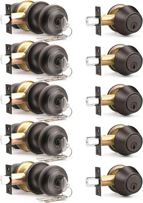 5 Pack Keyed Alike Front Door Knob and Deadbolt Set, Entry Door Locksets with Si