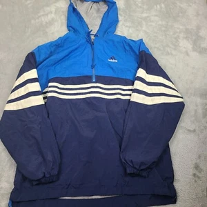 VTG 90's Y2K Adidas Hooded Pullover 1/4 Zip Windbreaker Men's Large Blue/White - Picture 1 of 6