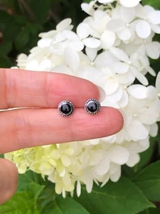 Black Onyx Stud Earrings 925 Sterling Silver Tiny Round Studs 6.5mm/4.5mm Womens - Picture 1 of 10