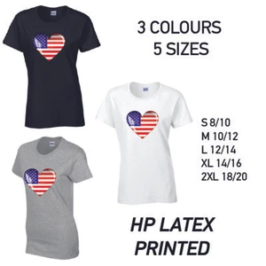 America Heart Ladies Cotton T-Shirt 3 colours 5 sizes Available Printed - Picture 1 of 7