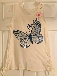 Neu mit Etikett Mädchen Justice Größe 14/16 cremefarbenes Tanktop mit Wendepailletten Schmetterling - einzigartig - Bild 1 von 9