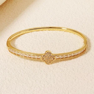 Gold Plated Four-Leaf Clover Shiny Zirconia Luxury Bangle Bracelet Women Fashion - Picture 1 of 8