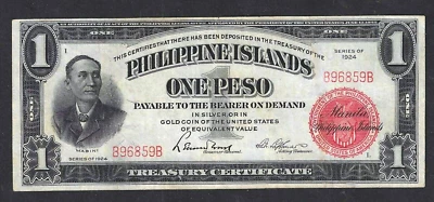 ISLAS FILIPINAS 1924 1 PESO ~ P-68a ~ SIGNO TESORERO EN FUNCIONES ~ EXTREMADAMENTE FINO Foto 1 de 2