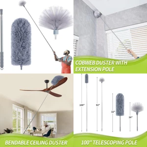 Cobweb Duster with Extension Pole Spider Web Brush & Ceiling Duster Kit for Clea - Picture 1 of 8